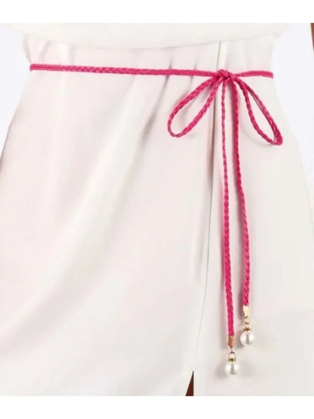 Rose Red/Pink Braided Rope Waist Belt With Pearl & Rhinestone on Tassels
